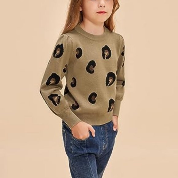 Girls Fall Long Sleeve Crew Neck Leopard Pullover Christmas Sweaters - Picture 2 of 6